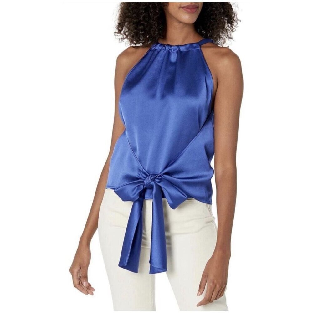 Trina Turk Mika 2 Satin Halter Tie Waist Top Large Blue Resortwear NWT $228